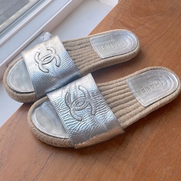 CHANEL slides sandals metallic silver espadrilles size 37 6 6.5 7 - Picture 11 of 11